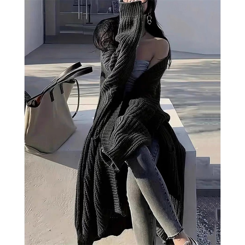 Women's Sweater Cardigan Fashion Streetwear Casual Pure Color Ribbed Open Front Pocket Knitted Long Sleeve Long Tops Knit Outdoor Daily Weekend Wine Red Black Fall Winter2