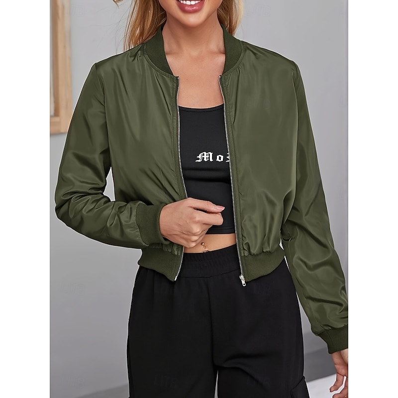 Women's Bomber Jacket Comfortable Breathable Zipper Casual Plain Vacation Street Casual Daily Wear Zipper Short Stand Collar Regular Fit Long Sleeve Outerwear Black Red Army Green Spring Fall4