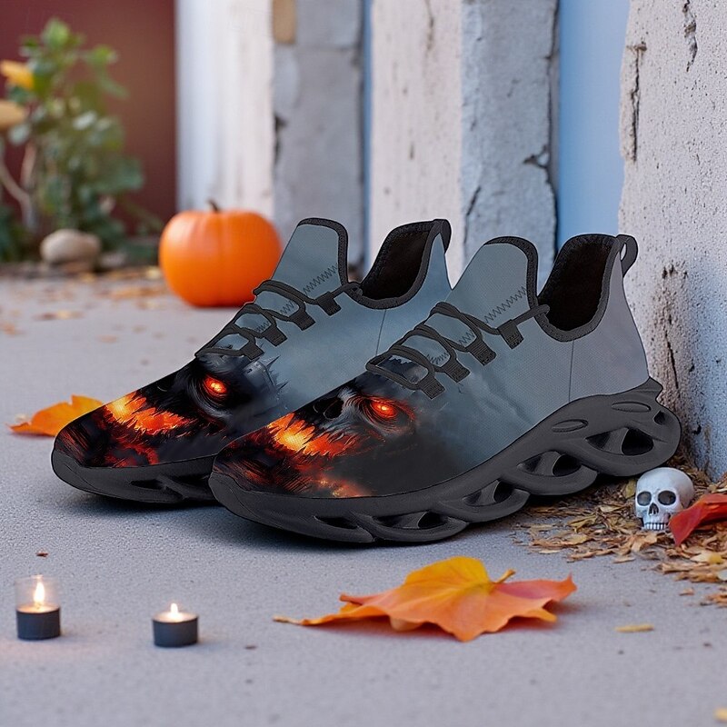 Men's Lace-Up Sneakers with Fiery Skull Print – Casual Halloween Sports Shoes with Comfortable Sole for Running, Party and Everyday Streetwear3