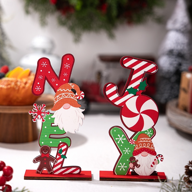 2pcs Christmas Table Wooden Decorations Gingerbread Man and Rudolph Creative Colorful Letter Wooden Ornaments Holiday Decor