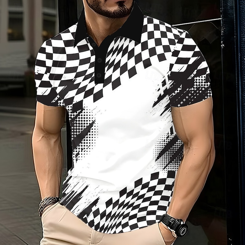 Men's Abstract Geometic Polo Short Sleeve Polo Shirts Lapel Business Casual Business Athleisure 3D Print Buttons Summer Lake blue White Yellow2