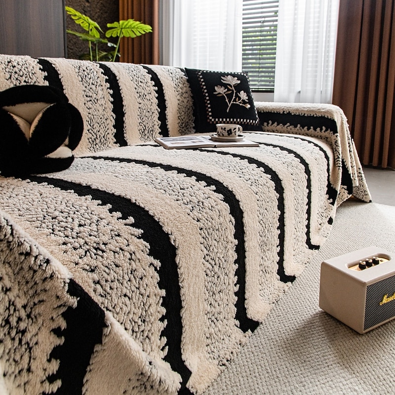 Couch Covers for Pets Dog Sofa Washable 3 Seater Sofa Cover Black Grey Stripe Jacquard Rversible Couch Protector for Dogs Cats Modern Furniture Slipcover with Tassel