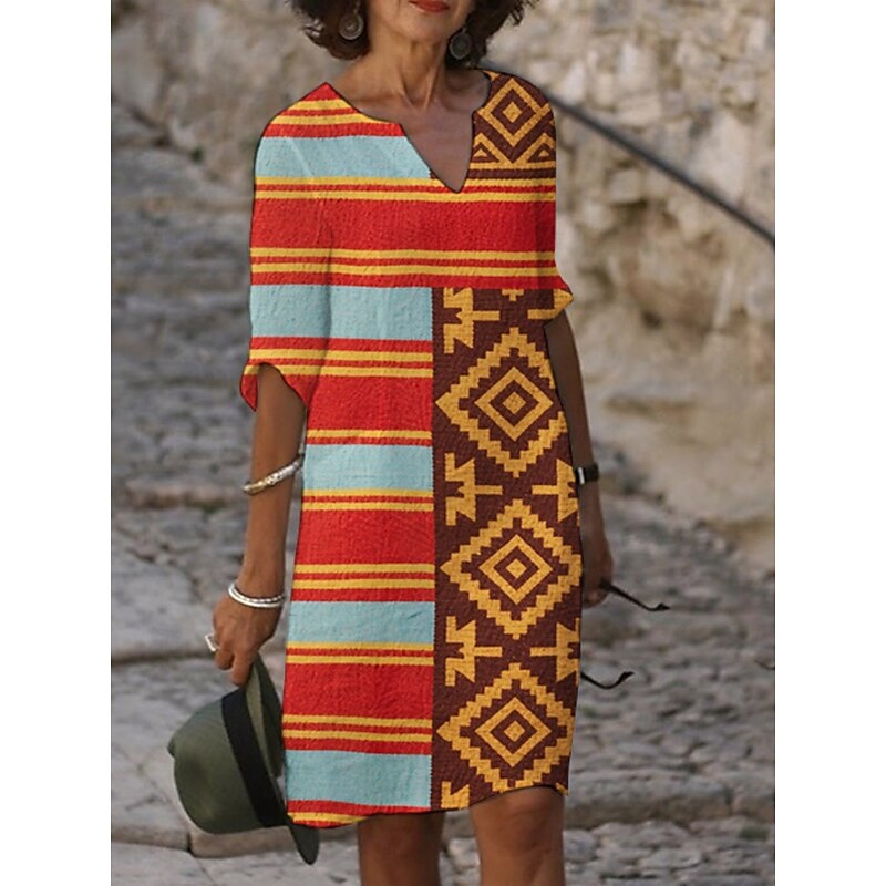 Women's Midi Dress Casual Dress Print Dress Vintage Daily Beach Weekend Regular Fit Geometric 3/4 Length Sleeve Crew Neck Blue Purple Fuchsia Orange Summer Spring Fall Autumn