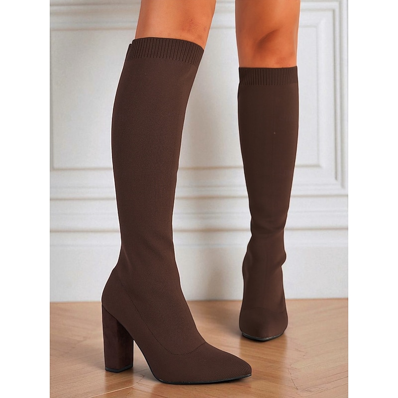 Women's Red Knee-High Sock Boots - Stretch Knit Pointed Toe Chunky Heel Long Boots for Fashionable Fall Winter Outfits, Parties and Streetwear Looks