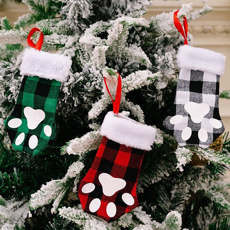 3pcs Christmas Stockings with Cat Paw Design, Small Plaid Christmas Socks, Holiday Decorative Gift Stockings, Xmas Tree Hanging Ornaments4