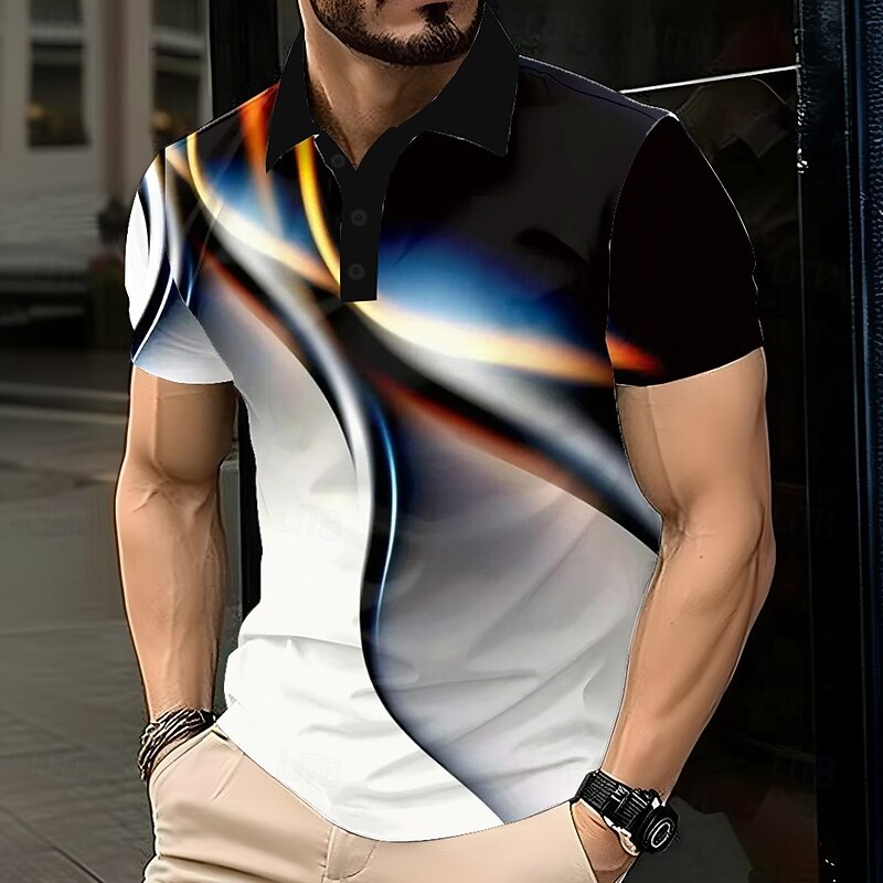 Men's Gradient Geometic Polo Short Sleeve Polo Shirts Lapel Casual Athleisure 3D Print Buttons Summer Black