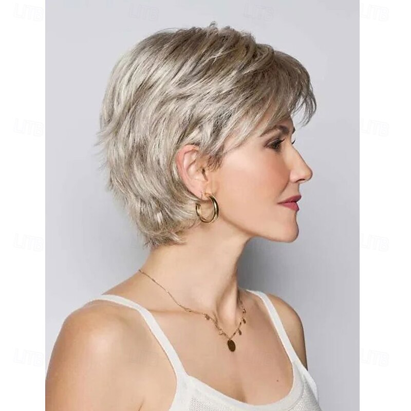 Silver-Grey Pixie Wig with Blonde Highlights for Women – Short Synthetic Hair, Heat-Resistant for Cosplay & Casual Looks3