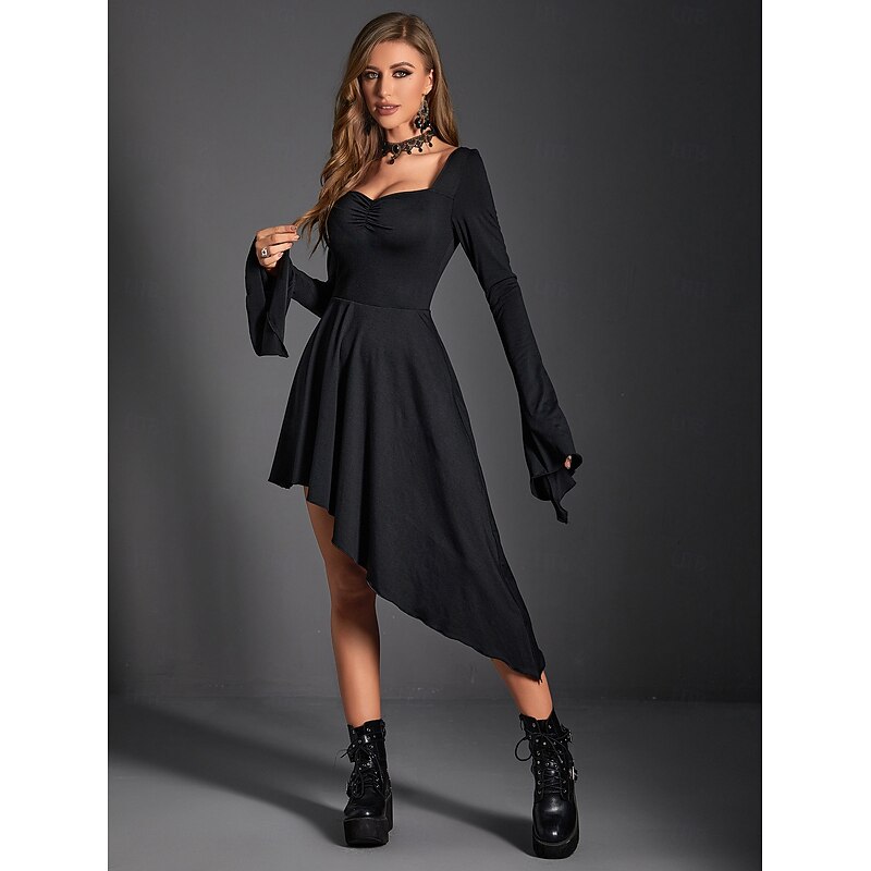 Gothic Dress Bell Sleeve Witch Asymmetrical Hem Solid Color V Neck Fancy Dress Women's Fantasy Halloween Carnival Performance Party Adults Dress4