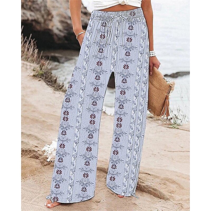 Women's Wide Leg Pants Trousers Palazzo Pants Fashion Boho Full Length High Waist Flower Drawstring Elastic Waist Print Breathability Comfortable Street Daily Wear Going out Light Blue Spring Fall