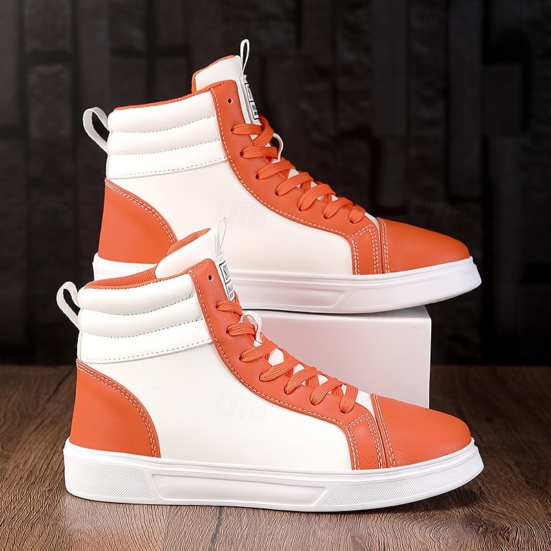 Men's Orange and White High-Top Sneakers, Retro Style Lace-Up Casual Shoes for College Students, Sports and Streetwear Fashion2
