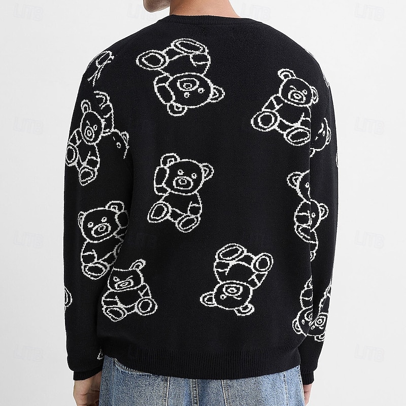Men's Bear 3D Cartoon Pullover Sweater Jumper Knitwear Crewneck Casual Vacation Home Daily 3D Print Knitting Keep Warm Long Sleeve Spring Fall Winter Black Dark Green3