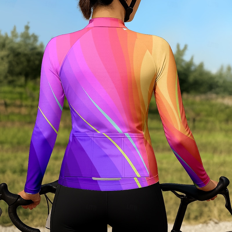 Women's Cycling Jersey Graphic Rainbow Gradient Long Sleeve Bike Jersey Top with 3 Rear Pockets Sunscreen UV Resistant Quick Dry Reflective Strips Sports Purple Clothing Apparel2