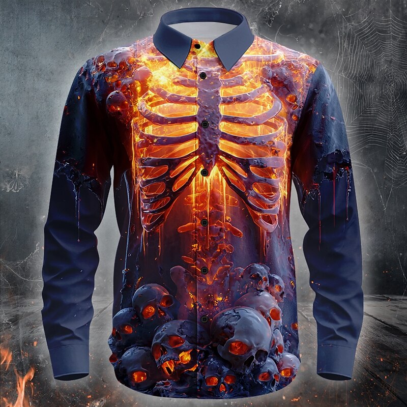 Halloween Men's Flame Skeleton Skulls Shirt Button Up Shirt Long Sleeve Dark Punk Gothic Style Outdoor Holiday Summer Spring Turndown 3D Print Collared Shirts Dark Blue
