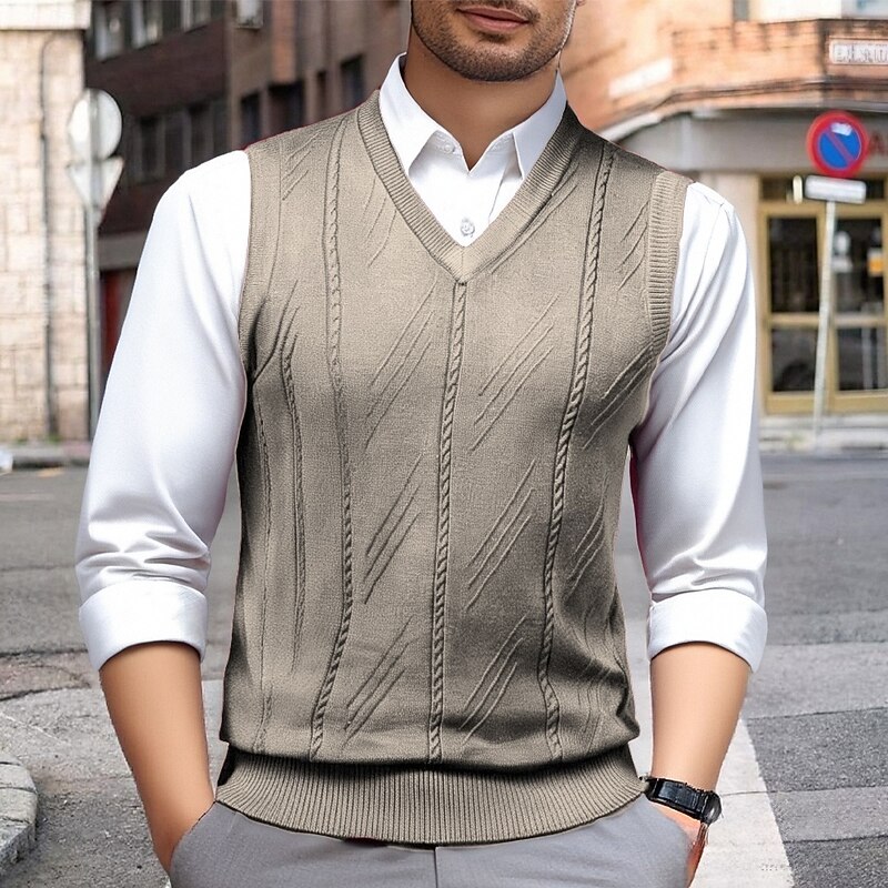 Men's Sweater Vest Dress Sweater Pullover Sweater Jumper Vest Knit Sweater Ribbed Knit Regular Tops Knitted V Neck Daily Wear Date Clothing Apparel Fall Winter Camel Wine S M L3