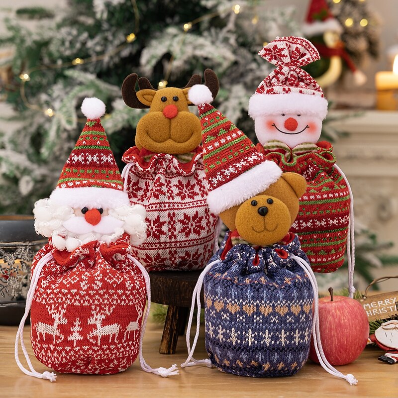4pcs Christmas Gift Doll Bags, Knitted Apple Santa Bags, Snowman Gift Pouches, Holiday Decoration Stocking for Xmas Gifts
