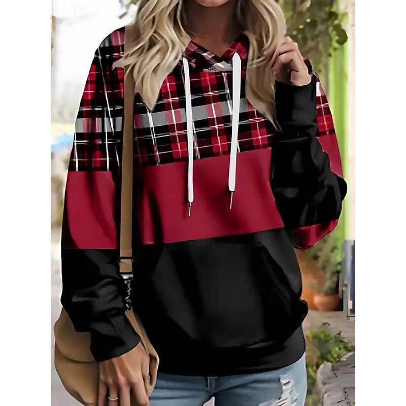 Women's Pullover Hoodie Sweatshirt Graphic Geometric Plaid Fashion Casual Print Long Sleeve Hooded Regular Tops Street Dailywear Drawstring Print Pink Red Blue Fall Winter2