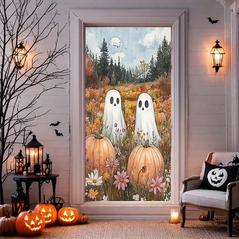Halloween Door Cover with Cute Ghost and Pumpkin – Fall Forest Haunted House Decoration for Front Door, Trick or Treat Party Outdoor 2025 Halloween Decor3