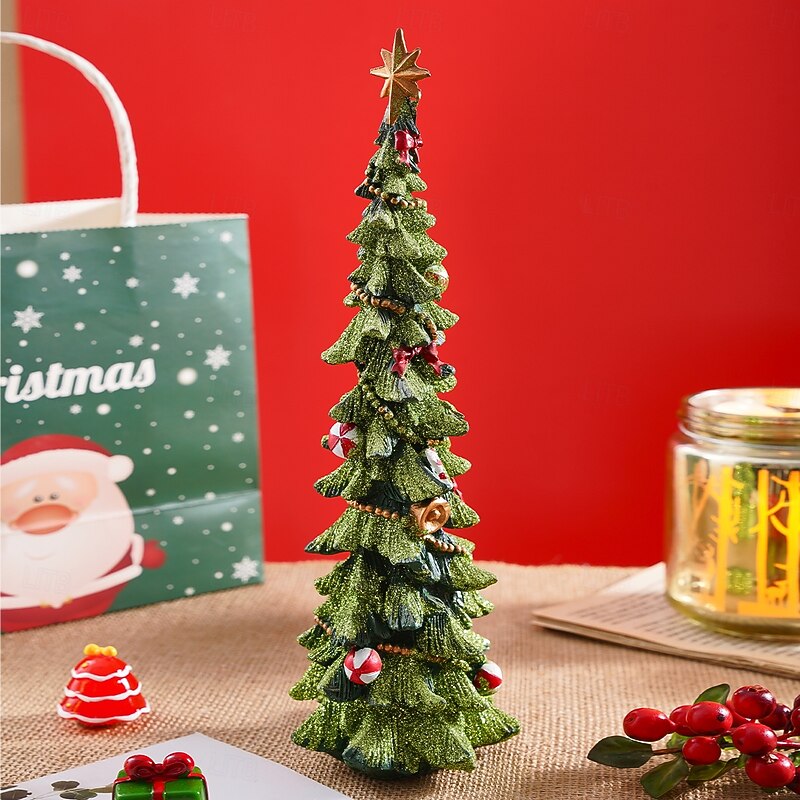Christmas Resin Tree Decorations Cute Green Glitter Painted Resin Christmas Tree Tabletop Ornament Holiday Interior Decor Gift3