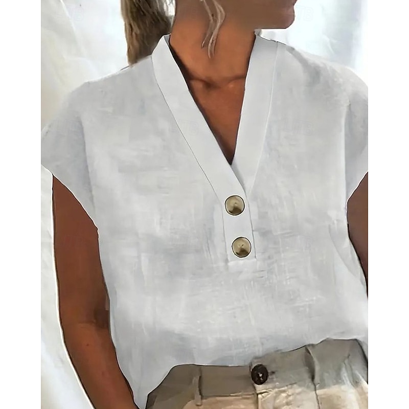 Women's T Shirt Plain Casual Short Sleeve V Neck Regular Tops Daily Weekend Buttons White Pink Green Light Blue Summer
