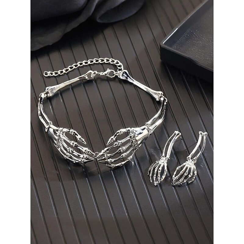 Women's Halloween Skeleton Hand Necklace Earrings Set, Gothic Punk Style, Perfect for Costume Parties and Avant-garde Costumes3