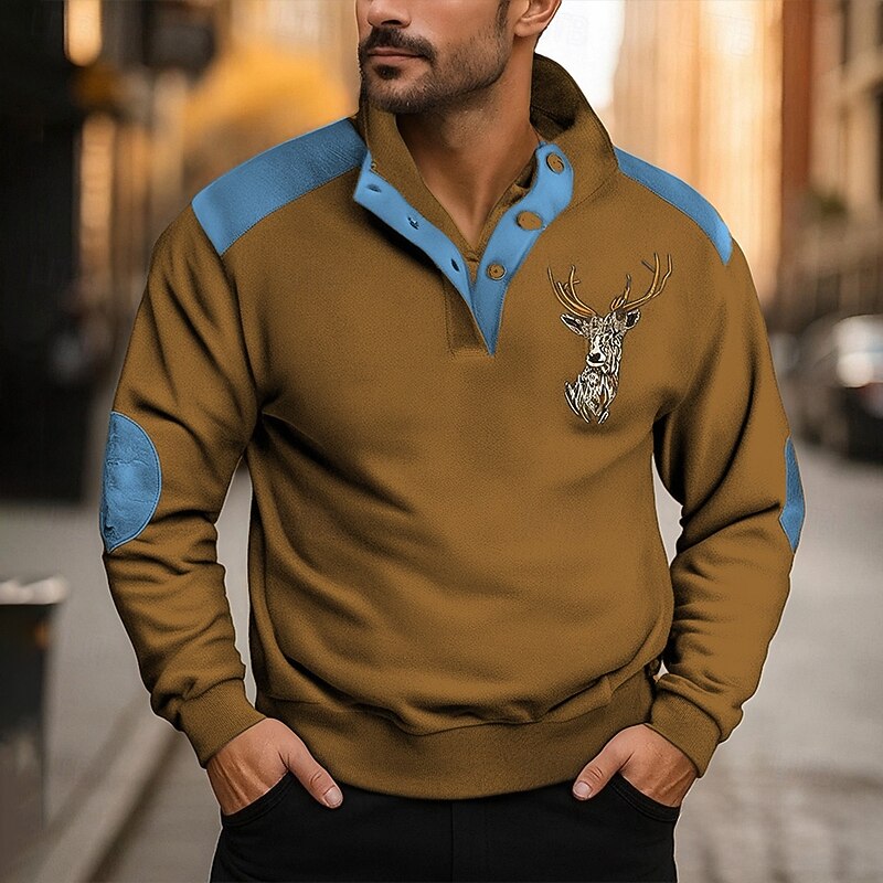Men's Sweatshirt Navy Blue Brown Khaki Dark Gray Crew Neck Color Block Elk Patchwork Print Sports & Outdoor Daily Holiday Polyester Streetwear Basic Casual Spring Fall Clothing Apparel Hoodies3
