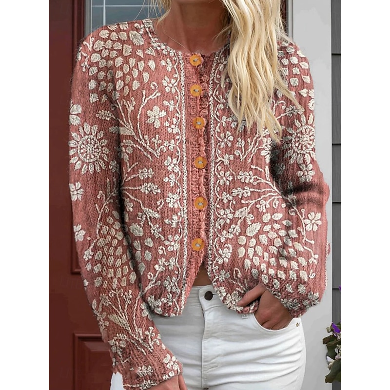 Women's Cardigan Sweater Knitted Ribbed Button Front Round Neck Long Sleeve Lightweight Daily Floral Graphic Geometric Buttons Print Regular Tops Knit Outdoor Weekend Pink Purple Spring Fall2
