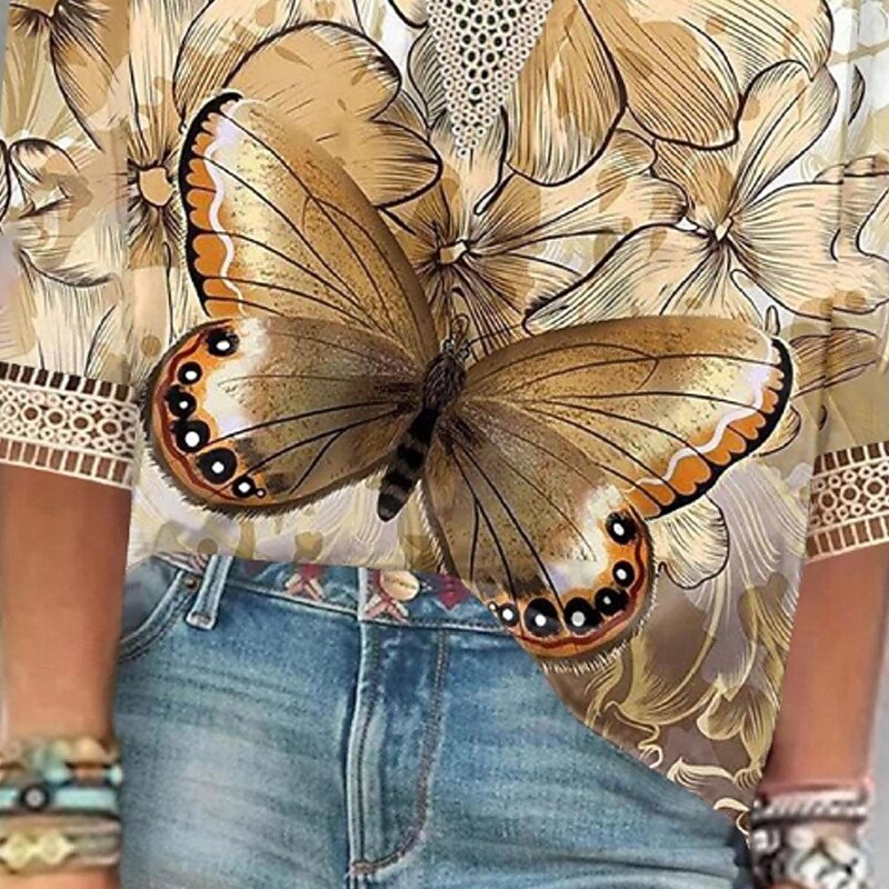 Women's Shirt Blouse Flower Modern Casual 3/4 Length Sleeve V Neck Regular Tops Daily Holiday Going out Lace Print Khaki Fall3