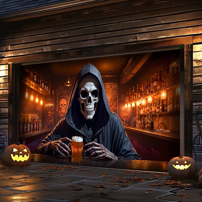Halloween Garage Door Cover Large Hanging Backdrop Grim Reaper 3D Dark Punk Gothic Style Party Outdoor Shooting Backgrounds Front Door Home Decor3