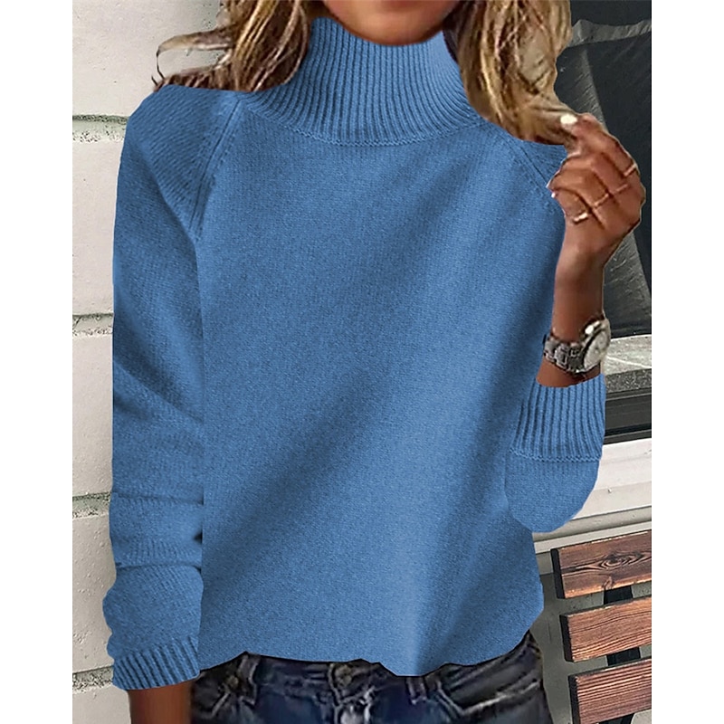 Women's Sweater Pullover Daily Stylish Casual Solid Color Ribbed Turtleneck Knitted Long Sleeve Regular Tops Knit Daily Holiday Going out Black White Fall Winter