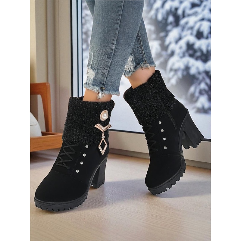 Women's Black Knit Cuff Ankle Boots with Rhinestone Lace-Up Design and Block Heels - Elegant Winter Heeled Booties for Christmas Outfits and Cold Weather Fashion2