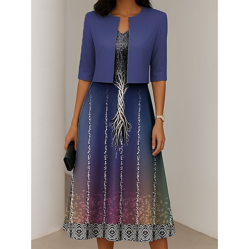 Women's Dress Set A Line Dress Summer Dress Elegant Casual Ombre Graphic Print Midi Dress Half Sleeve V Neck Vacation Date Purple Brown Green Spring Fall Regular Fit