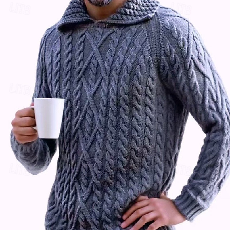 Men's Sweater Pullover Sweater Jumper Cable Knit Regular Tops Knitted Slim Fit Plain Turndown Knitwear Contemporary Casual Daily Wear Clothing Apparel Fall & Winter Wine Black S M L