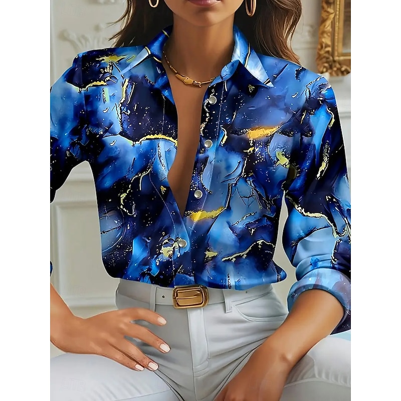 Women's Shirt Work Shirt Geometric Marble Elegant Stylish Modern Long Sleeve Shirt Collar Regular Tops Work Party Evening Wear Daily Glitter Blue Purple Green Gray Spring, Fall, Winter, Summer