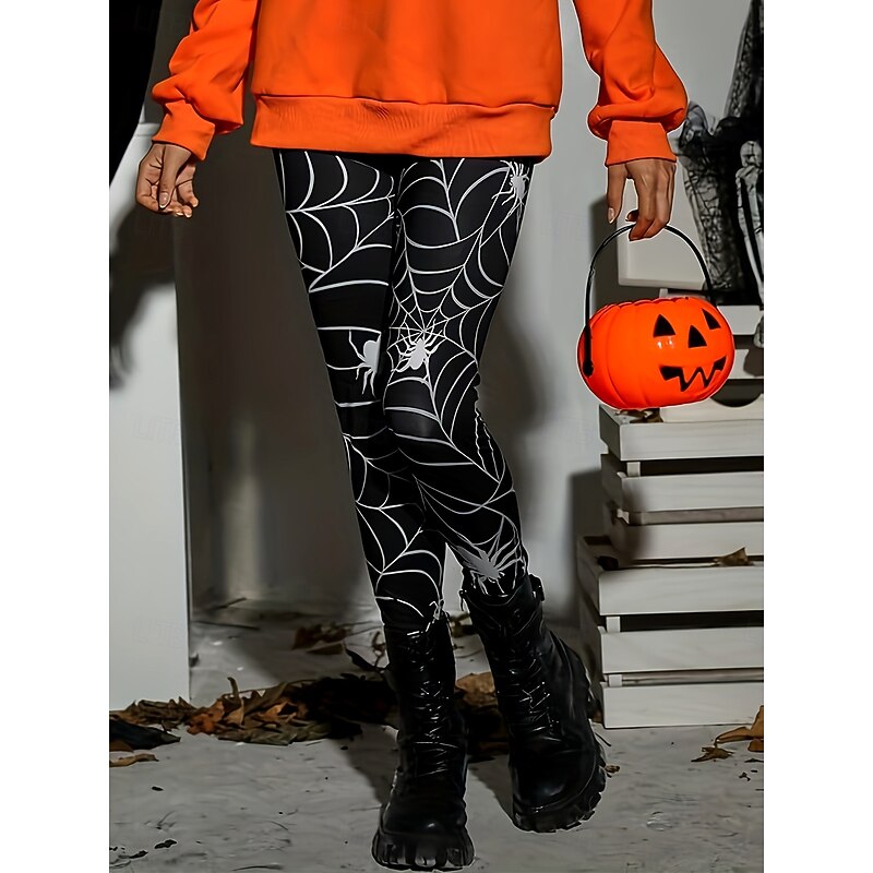 Women's Leggings Vacation Vintage Fashion Full Length High WaistPantsHalloween Graphic Skull Halloween Printing Soft Breathable High Elasticity Outdoor Vacation Street Black and White Black Spring4