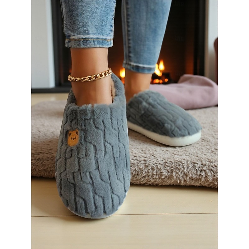 Women's Plush Cartoon Slippers with Bear Embroidered – Soft Cozy Indoor Shoes for Bedroom and Winter Home Use3