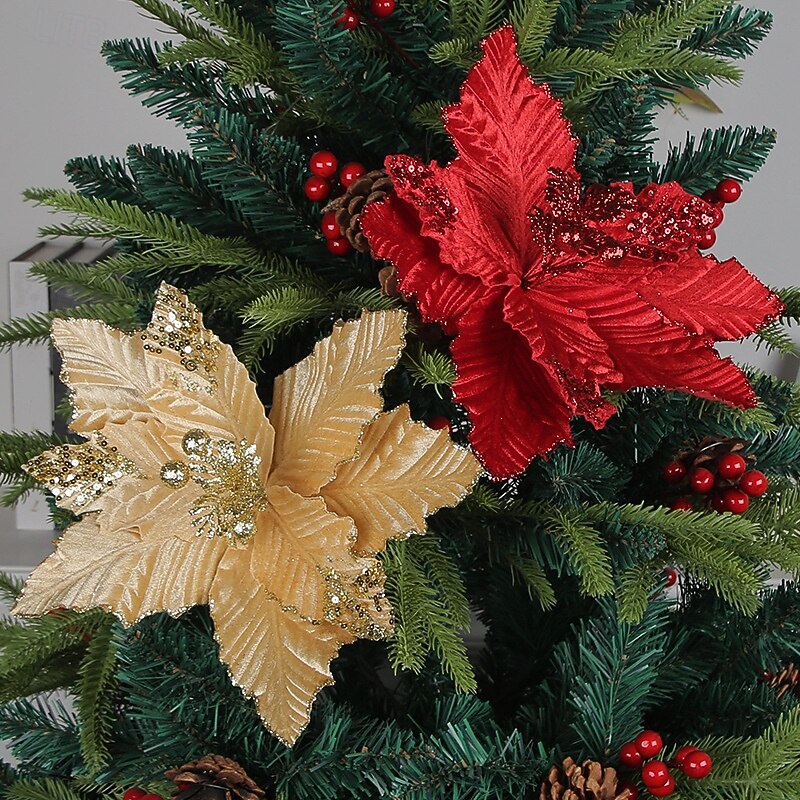 1pc Christmas Poinsettia Artificial Flower, Creative Ruffled Petals with Gold Glitter, Faux Holiday Floral, Christmas Tree Decoration Prop