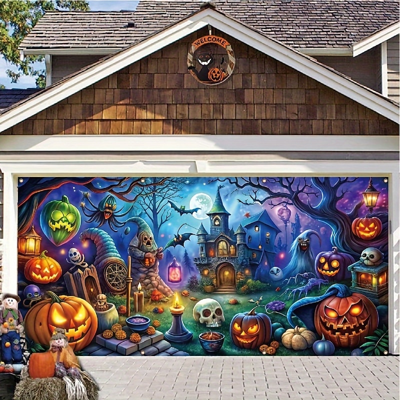 Haunted Family Portrait Gallery Garage Door Cover – Gothic Halloween Decoration for Outdoor Spooky Vibes2