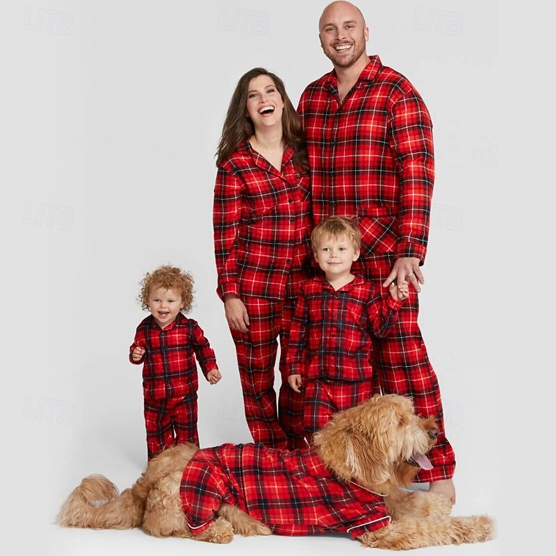 Family Pajamas Plaid Home Print Red Long Sleeve Active Matching Outfits