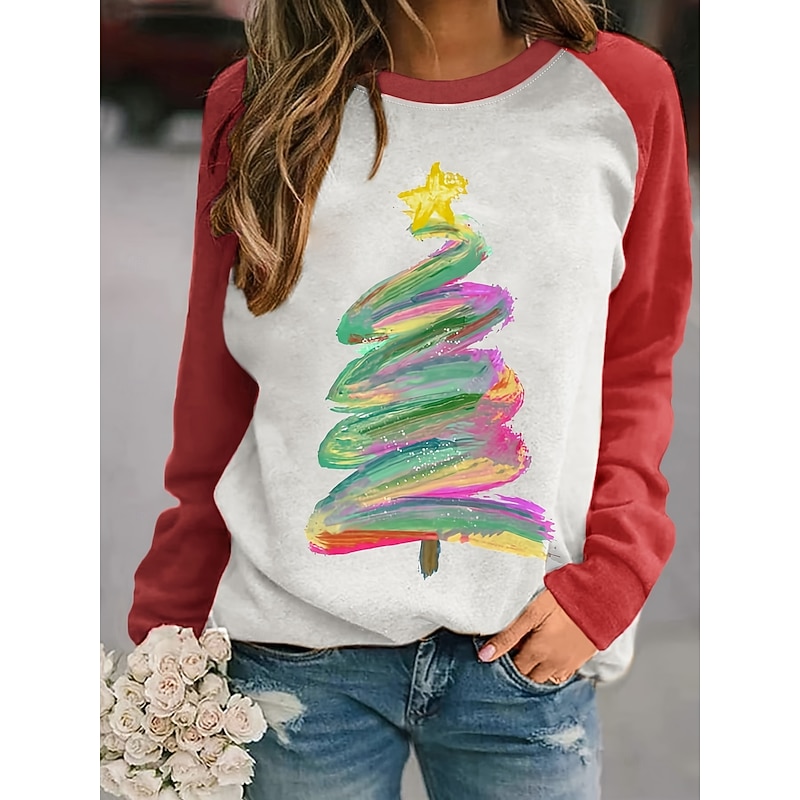 Women's Pullover Graphic Christmas Tree Casual Long Sleeve Crew Neck Regular Tops Casual Holiday Black Pink Red Blue Green Spring Fall Winter4