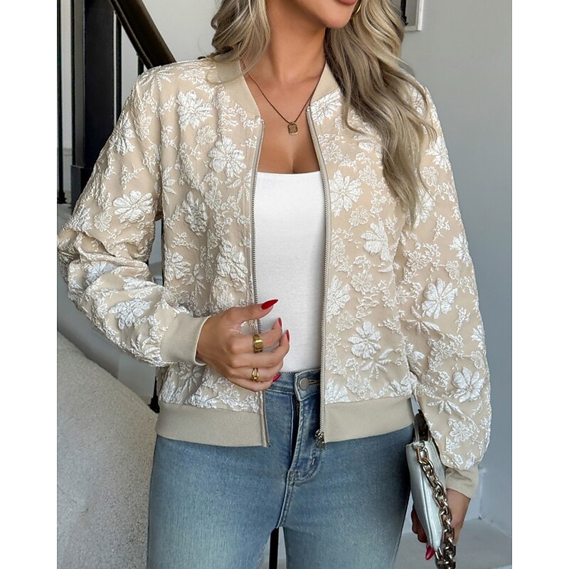 Women's Bomber Jacket Jacket Casual Jacket Warm Comfortable Zipper Pocket Fashion Floral Outdoor Vacation Going out Weekend Zipper Regular Crewneck Regular Fit Long Sleeve Outerwear Khaki Fall Winter3