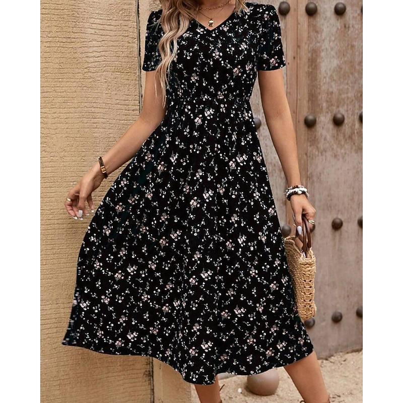 Women's Midi Dress Floral Dress Print Dress Classic Modern Outdoor Vacation Holiday Regular Fit Flower Short Sleeve V Neck Black Royal Blue Brown Green Summer4
