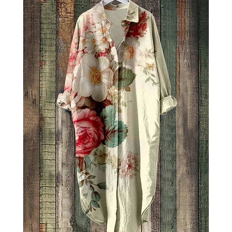 Women's Midi Dress Shirt Dress Casual Dress Fashion Modern Daily Beach Weekend Regular Fit Flower Long Sleeve Shirt Collar Black Pink Blue Green Spring Fall3