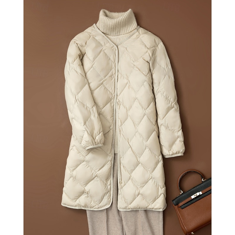 Women's Down Jacket Coat Warm Comfortable Buttons Fashion Plain Outdoor Vacation Going out Weekend Single Breasted Long V Neck Regular Fit Long Sleeve Outerwear Black Dark Green Khaki Fall Winter2