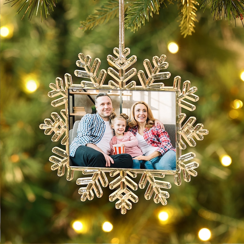 Personalized Christmas Photo Ornament Snowflake Frame Custom Acrylic Picture Gift Charm Xmas Tree Hanging Decor, Christmas Gift for Her/Him/Family