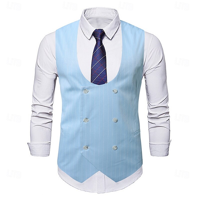 Men's Suit Vest Waistcoat Business Cocktail Party Wedding Party Vintage Fashion Spring Spring &  Fall Pocket Buttons Polyester Comfortable Striped Stripes Double Breasted U Neck Slim Sky Blue Vest2