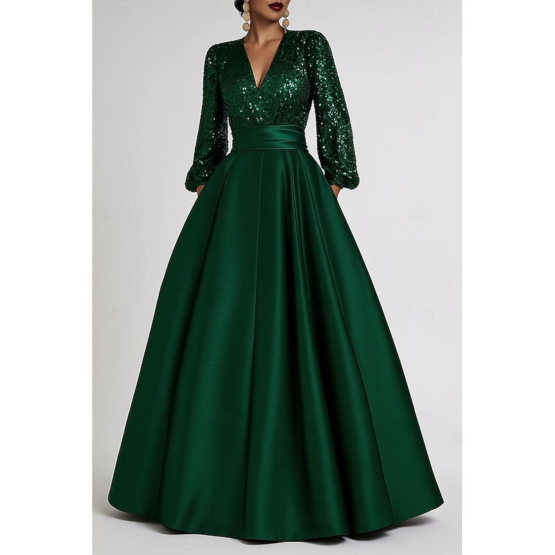 Green Black Sequined A-Line Evening Gown Elegant Dress Formal Wedding Floor Length Long Sleeve V Neck Pocket Satin with Glitter Pleats Pocket 2025