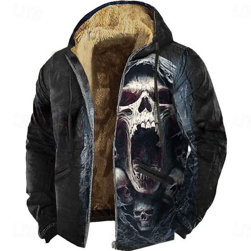 Halloween Men's Grim Reaper Reaper Fleece Hoodie Sweatshirt Vintage Retro Long Sleeve Crew Neck Outdoor Streetwear Red Blue Drawstring Fall Winter Designer