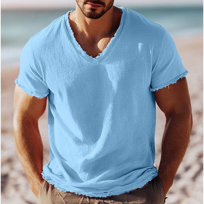 Men's Tee Top Linen T-Shirt Short Sleeve Short Sleeves V Neck Summer Plain Fashion Designer Basic Soft Vacation Street Casual Daily Pink White Light Blue Top Tee for Men