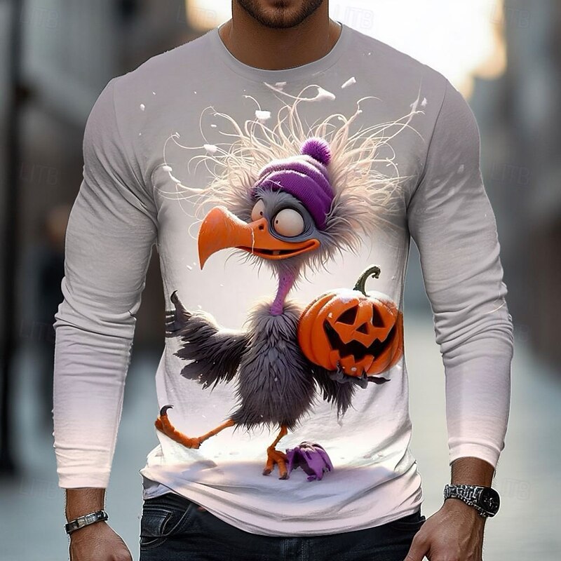 Halloween Men's Animal Pumpkin 3D T Shirt Long Sleeve T shirt 3D Print Crew Neck Shirt Fashion Exaggerated Street Casual Daily Light Blue Blue 1# Khaki Summer Spring Fall Clothing Apparel S M L XL