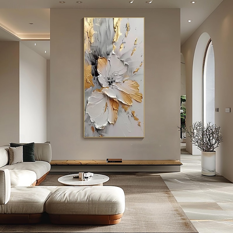 Gold Flower Oil Painting On Canvas Handmade Wall Art Abstract White Floral Painting Living Room Decor Home Decor Rolled Frameless Unstretched Painting3